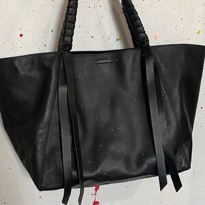 All Saints Black Leather Tote with Stud Accents
